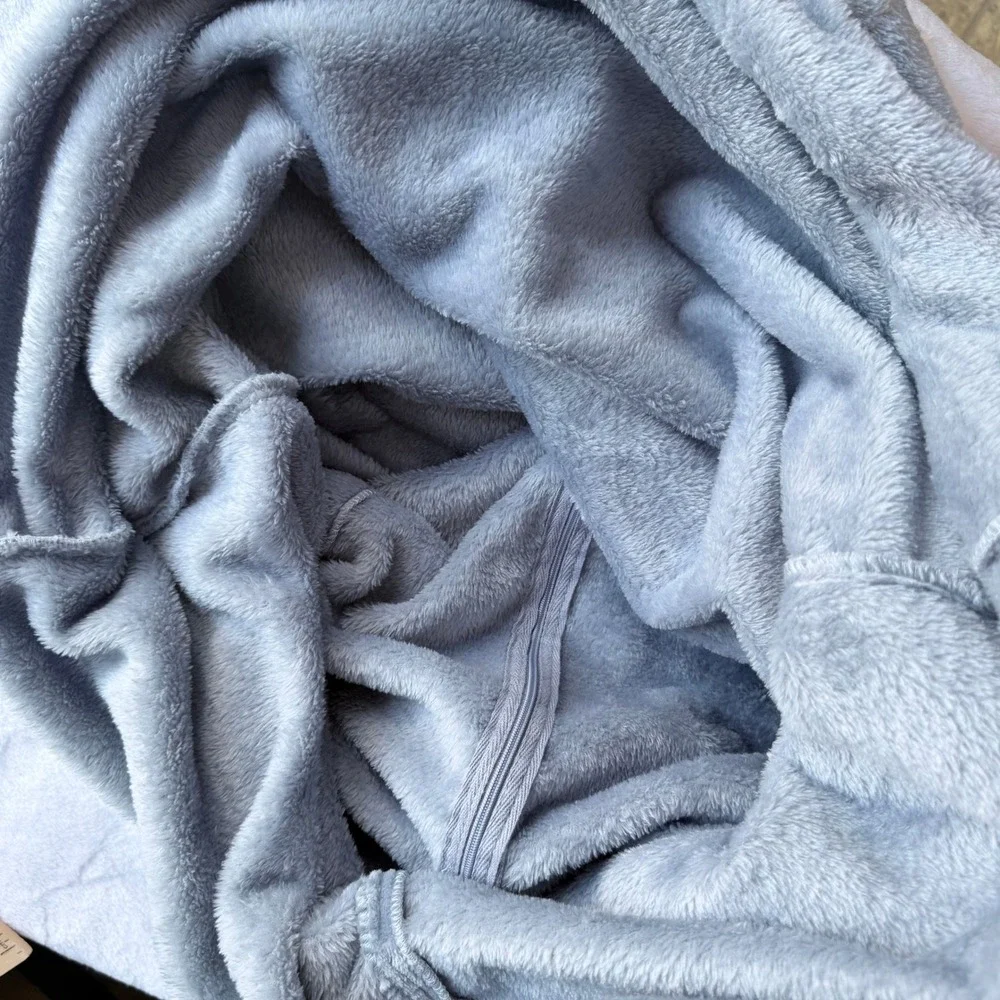 Natori Slate Blue Plush Faux Fur Half Zip Long Robe Sherpa Trim Size M Cozy Warm